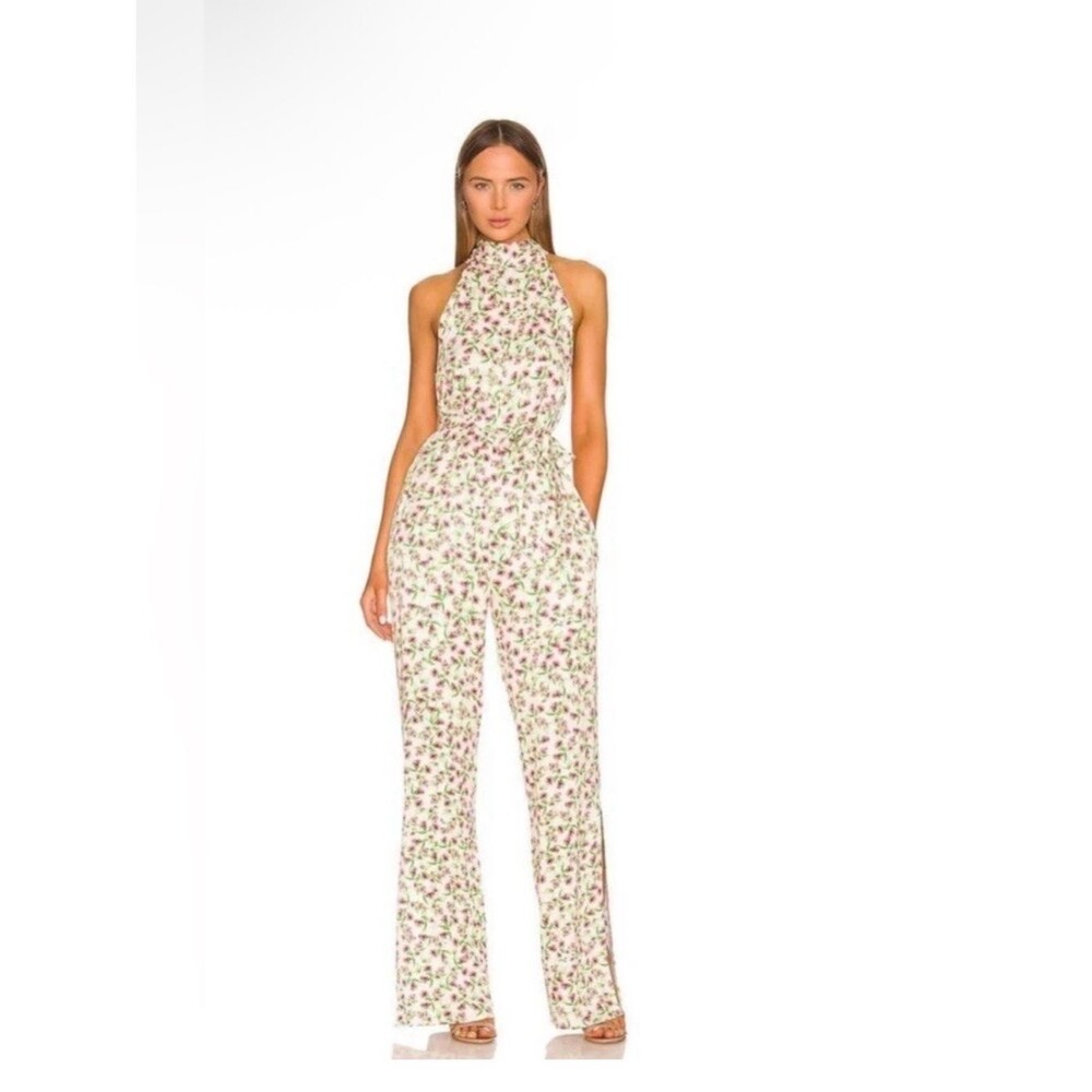 Something Navy Silky Floral Halter Wide Leg Jumpsuit NWT Small Cream Multi